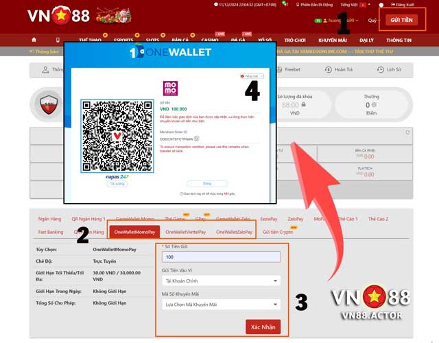 Sử dụng ví OneWallet để nạp tiền VN88